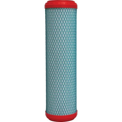 The TAS HydroLogic ChloraShield Filter features a cylindrical design with red end caps and a blue diamond-patterned mesh, engineered for chloramines removal. Shown against a white background.