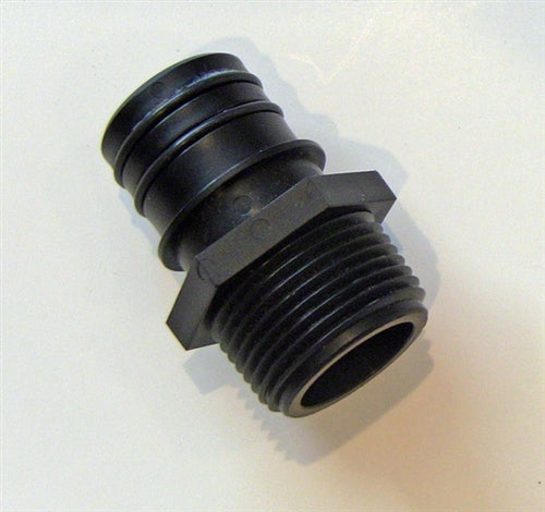A black plastic threaded TAS Qwik-Lok Connector 1 1/8in Qwik-Lok Male x 1in MPT on a white surface.