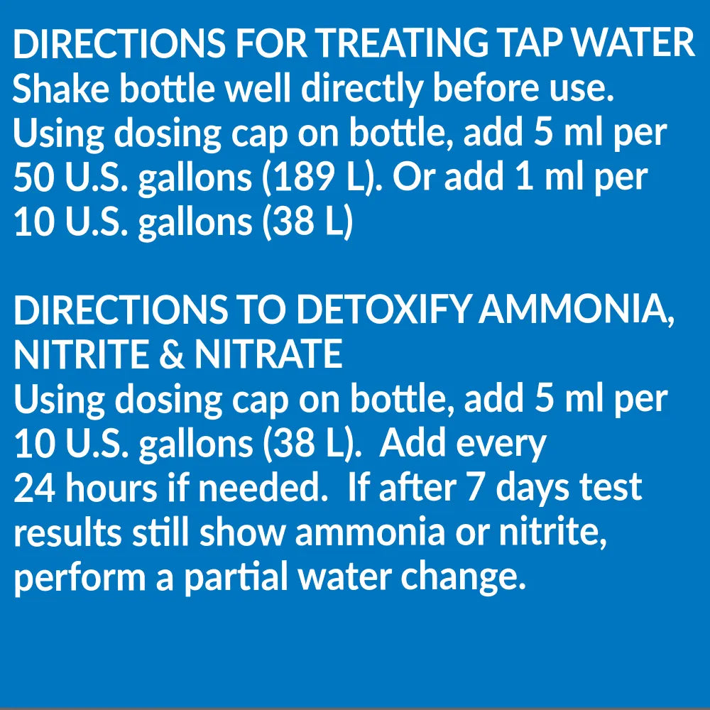 Instructions for using the dosing cap to treat tap water in your fish tank: TAS Aqua Essential Water Conditioner removes chlorine and detoxifies ammonia, nitrite, and nitrate. Specific dosages and procedures are provided on a blue background.