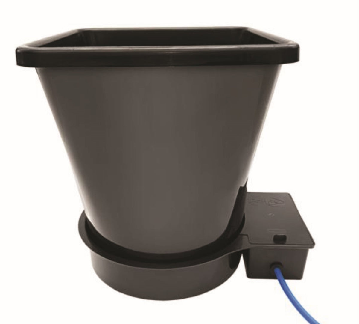 The &quot;TAS AutoPot Bucket 1XL Module, 6.6 Gallon&quot; is a black pot specifically designed for root and vining crops. It features a convenient blue hose attached to it, allowing for easy irrigation.