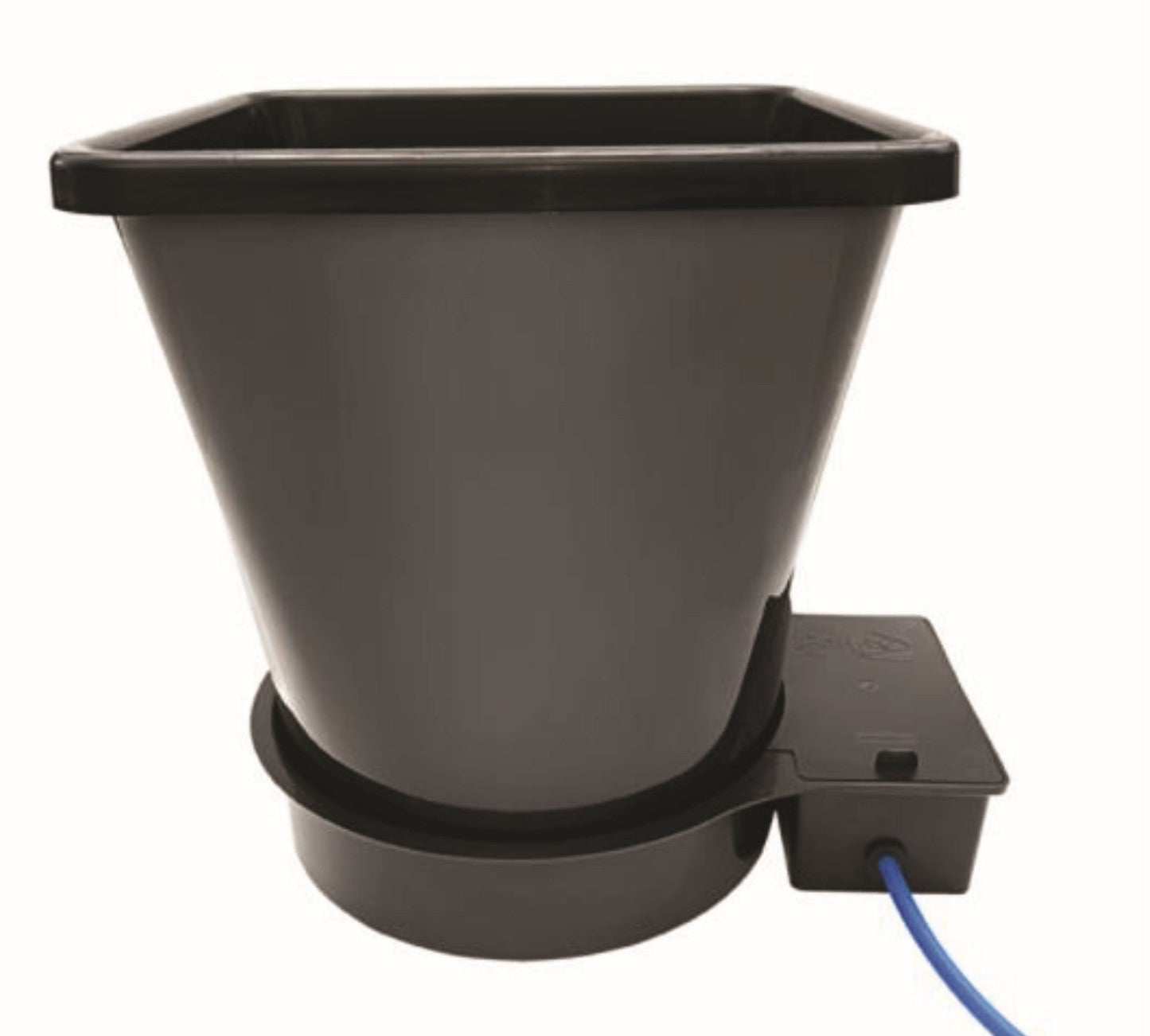 The "TAS AutoPot Bucket 1XL Module, 6.6 Gallon" is a black pot specifically designed for root and vining crops. It features a convenient blue hose attached to it, allowing for easy irrigation.
