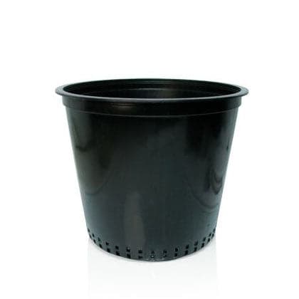 A TAS 12in Round Mesh Bottom Pot, with a black plastic pot for healthy roots and improved drainage, displayed on a white background.