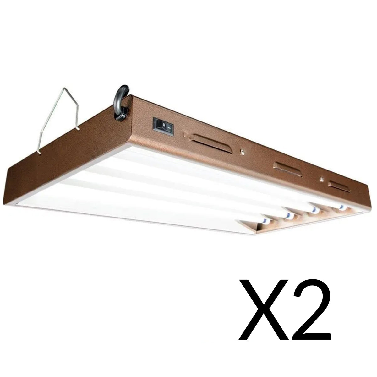 Two high lumen output led grow lights on a white background, featuring Go Green Aquaponics T5 Designer 4 Tube Light System with Bulbs, 4ft and daisy-chainable systems.
