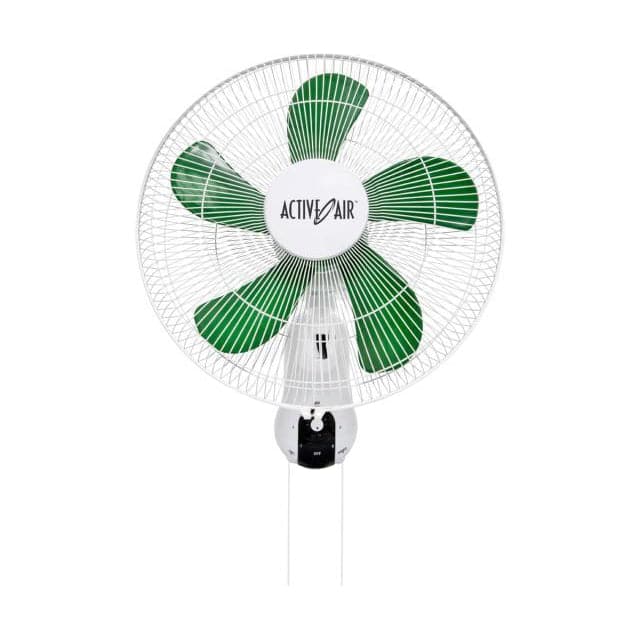 An Active Air 16″ Wall Mount Fan with oscillating fan functionality and green and white blades by TAS.