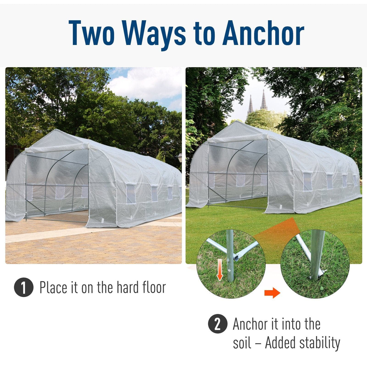 Two methods used to anchor the Aosom Outsunny 20&#39; x 10&#39; x 7&#39; Deluxe High Tunnel Walk-in Garden Greenhouse Kit - White for securing plants and crops.