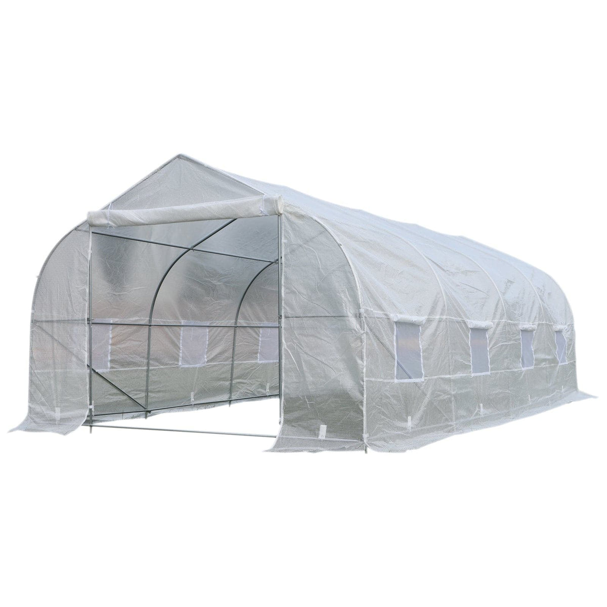 An Aosom Outsunny 20&#39; x 10&#39; x 7&#39; Deluxe High Tunnel Walk-in Garden Greenhouse Kit - White on a white background.