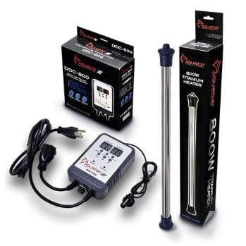 A box with an Aquatop Titanium Heaters, a power supply, and a temperature indicator from TAS.