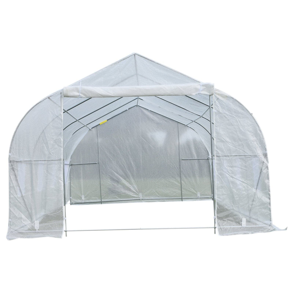 An Aosom Outsunny 20&#39; x 10&#39; x 7&#39; Deluxe High Tunnel Walk-in Garden Greenhouse Kit - White, featuring a door.