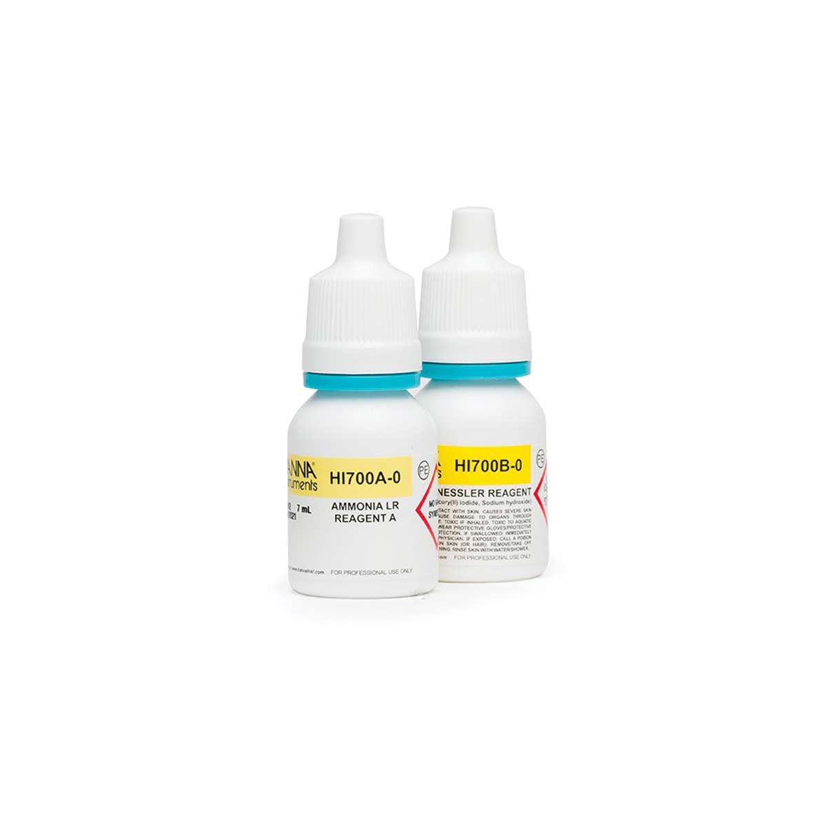 Two bottles of Ammonia Low Range Checker® Reagents (set for 25 tests) by TAS on a white background.