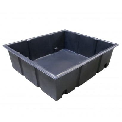 A black plastic container with a lid, such as the AquaBundance 200 Gallon Grow Bed by TAS.