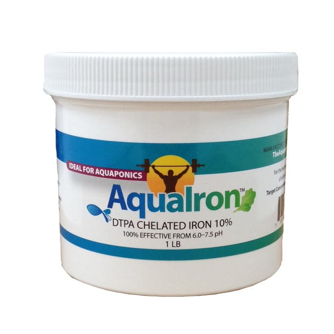 A jar of AquaIron DTPA Iron Chelate, a chelated iron supplement for preventing yellow leaf chlorosis in aquaponics, on a white background. (Brand Name: TAS)