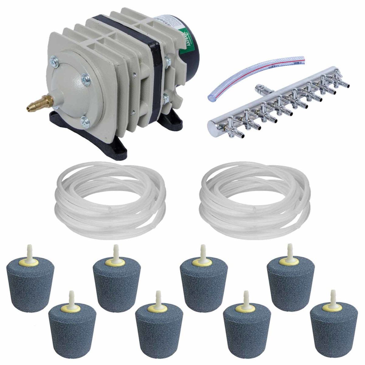 An TAS AquaAeration Kit with 8 Outlet Pump set with silicone tubing for aeration.