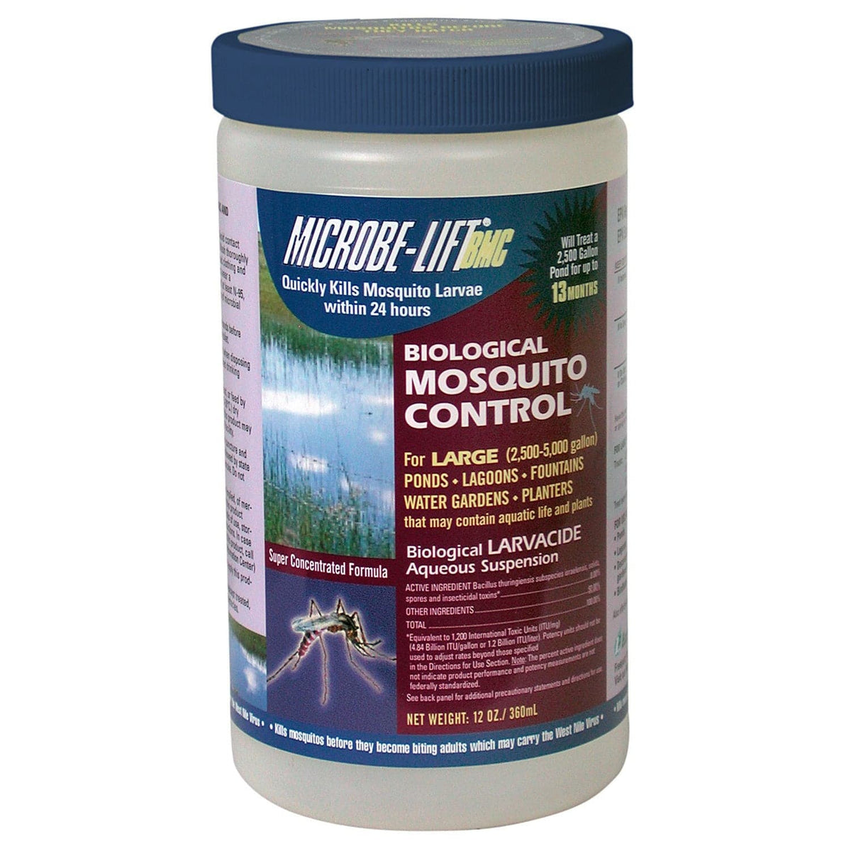 A bottle of TAS Microbe-Lift BMC 12 oz., a microbial insect control for mosquito control in water gardens, on a white background.