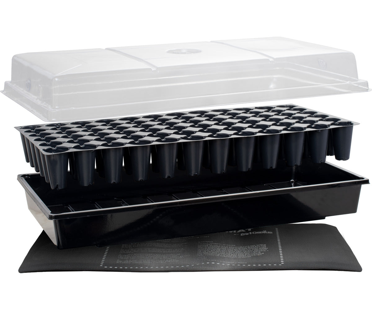 A black plastic tray with a TAS Germination Station with Heat Mat, 72-Cell Pack, 2″ Dome on top.