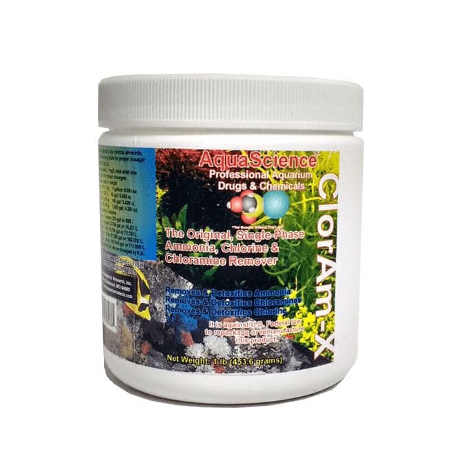 A jar of TAS ClorAm-X marine algae nutrient with chlorine remover.