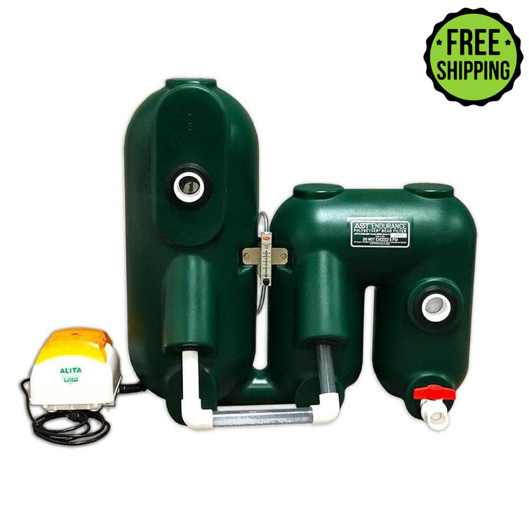 A TAS Endurance™ Auto Backwashing Filtration System with a pump, hose, and AST Endurance™ Filter.