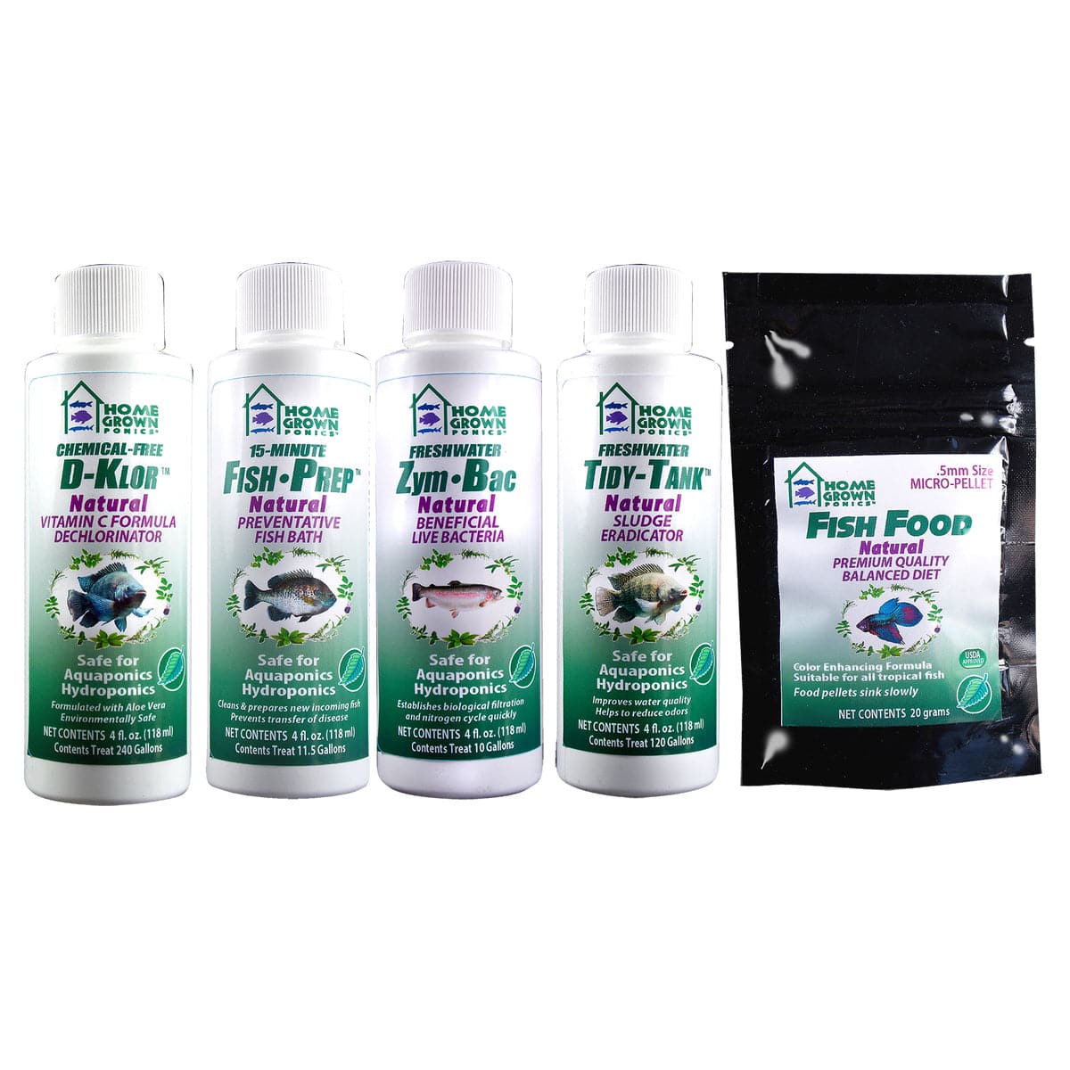 A TAS Aquarium Maintenance Kit containing four bottles of fish food and a bottle of water for an aquaponics system.