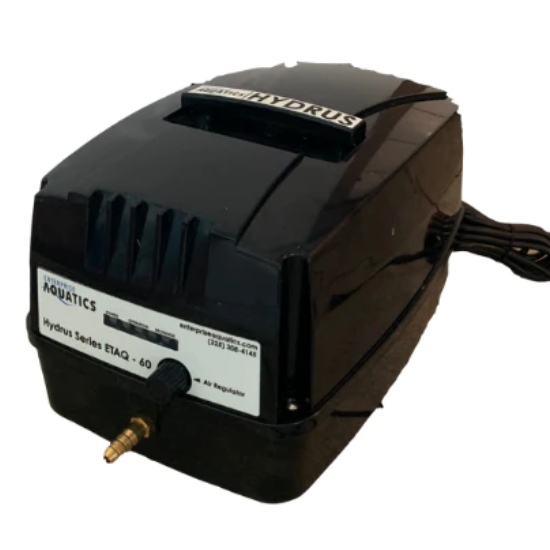 A black Hydrus ETAQ 60 air compressor on a white background featuring a dual voltage pump. (Brand Name: TAS)