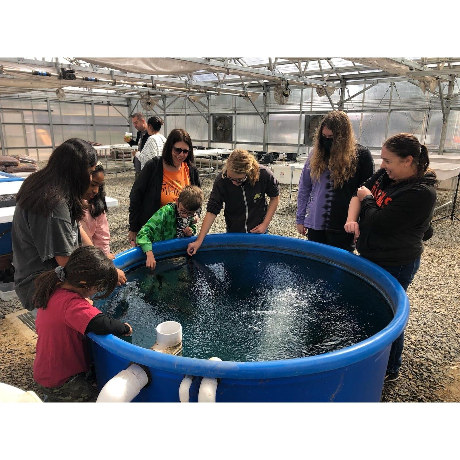 A group of people are participating in a Private Escondido Aquaponics System Tour event by Go Green Aquaponics where they are observing a fish tank in a greenhouse.