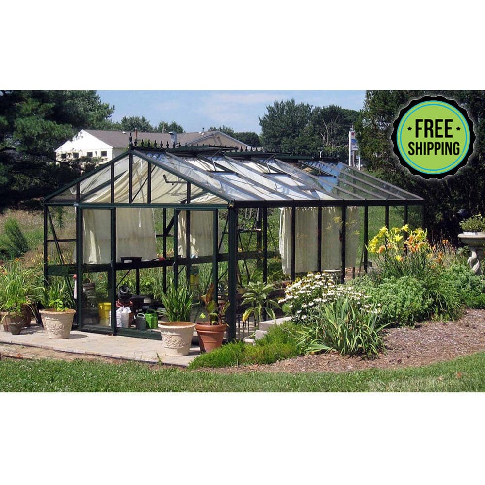 An Exaco VI46 Large Victorian Greenhouse with a free shipping sign on it, featuring an aluminum framework for year-round gardening.