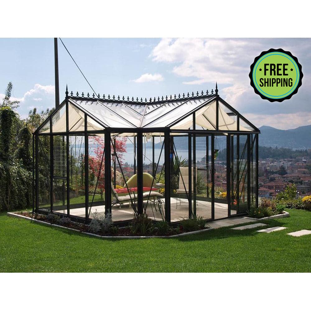 A stylish black Janssens Royal Victorian Orangerie Greenhouse with free shipping. (Brand Name: Exaco)