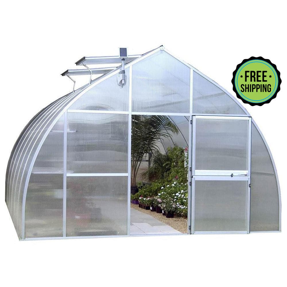 A top quality Hoklartherm RIGA XL Greenhouse by Exaco with a glass door and a sign that says free shipping.