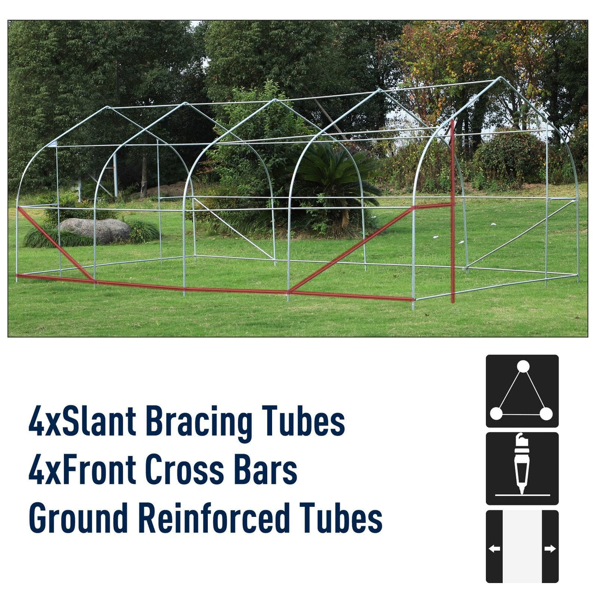 This Aosom greenhouse structure, the Outsunny 20&#39; x 10&#39; x 7&#39; Deluxe High Tunnel Walk-in Garden Greenhouse Kit - White, features 4 slat bracing tubes and 4 cross bars, along with the additional support of 4 ground re-enforced tubes. Perfect for cultivating plants and crops.
