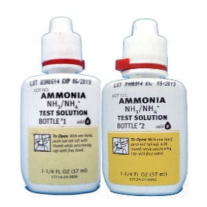 Two bottles of ammonia test solution for monitoring water quality for freshwater fish using the TAS API Ammonia Test Kit.