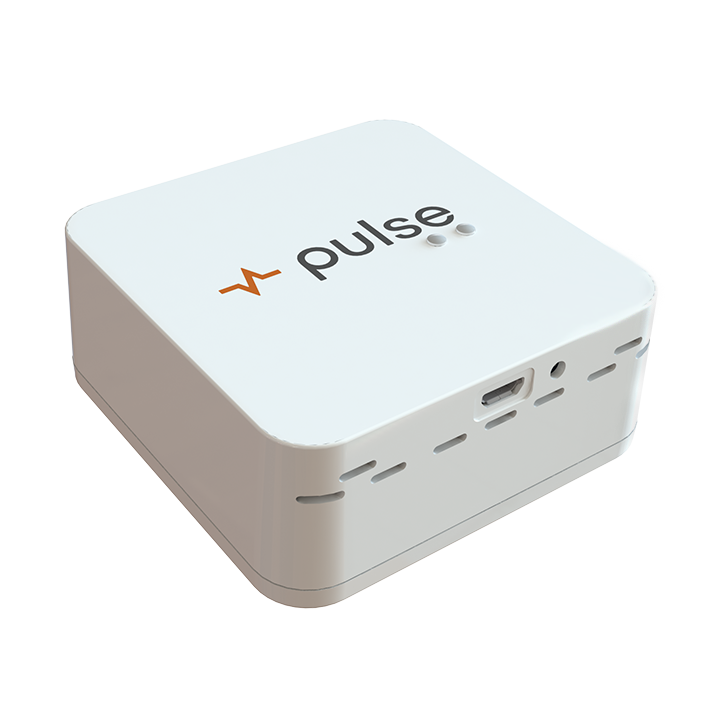 TAS Pulse One WiFi Connected Environmental Monitor - a white box with the word pulse on it, equipped with sensors for monitoring the environment and WiFi connectivity.