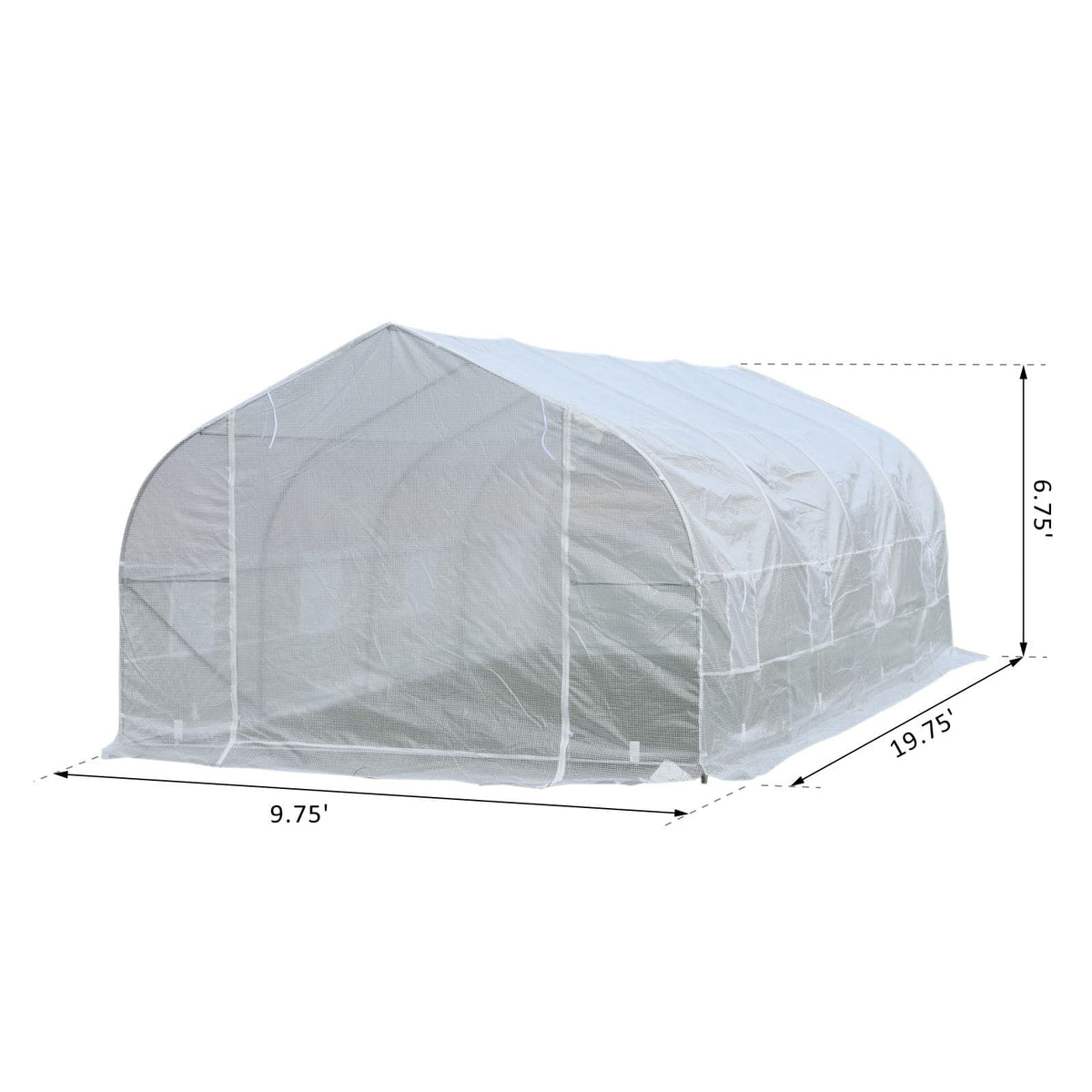 A diagram displaying the measurements of an Aosom Outsunny 20&#39; x 10&#39; x 7&#39; Deluxe High Tunnel Walk-in Garden Greenhouse Kit - White, specifically designed for growing plants and crops.