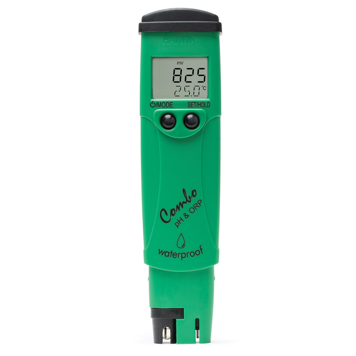 A TAS waterproof green HANNA WATERPROOF ORP/PH/TEMPERATURE TESTER on a white background.