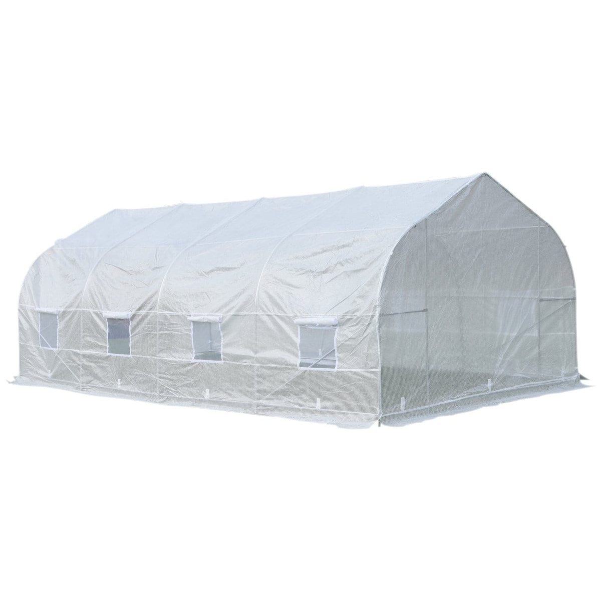 An Aosom Outsunny 20&#39; x 10&#39; x 7&#39; Deluxe High Tunnel Walk-in Garden Greenhouse Kit - White, filled with crops and plants on a white background.
