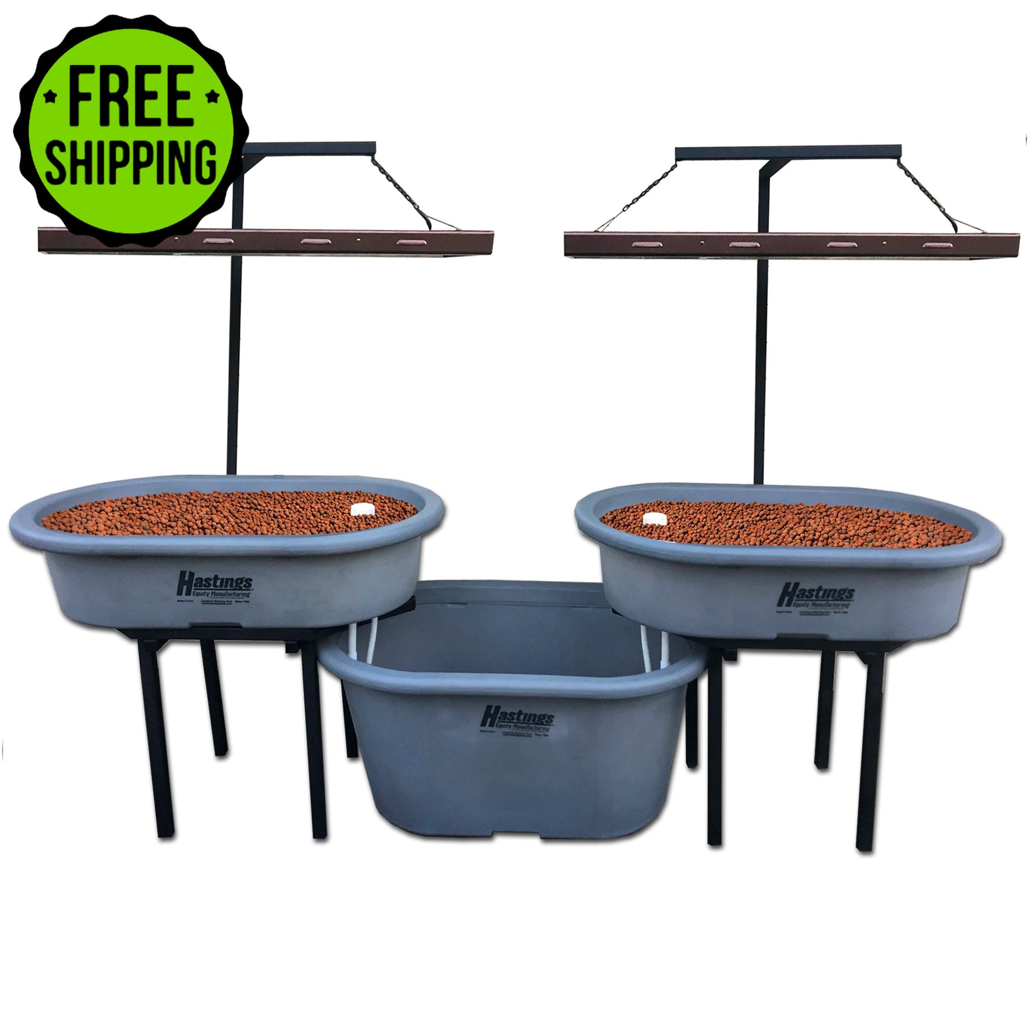 Two Go Green Double Aquaponics Systems with the word free shipping on them.