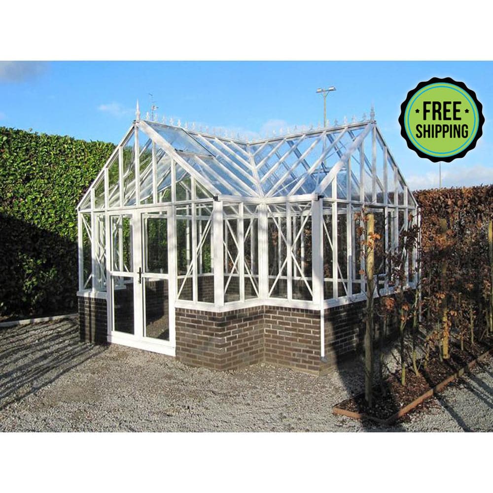 A Janssens Royal Victorian Antique Orangerie Greenhouse with the words "free shipping" and plants from Exaco.