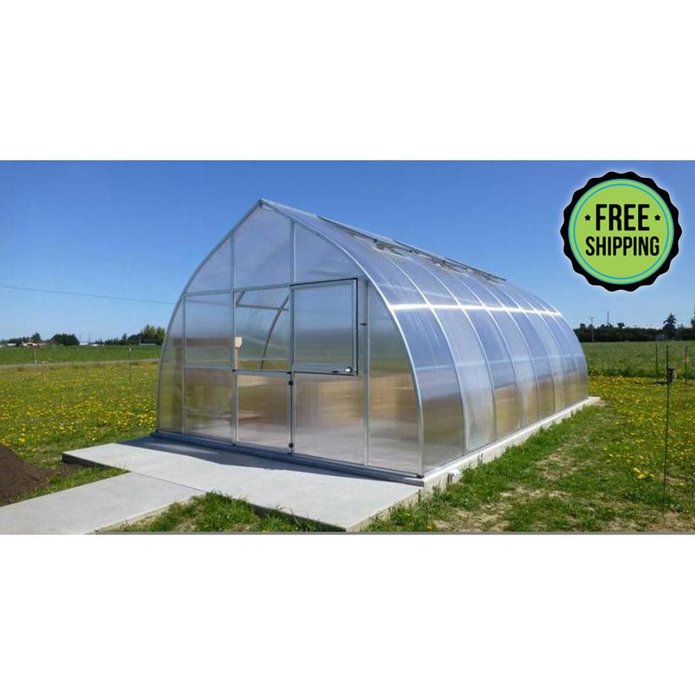 A top quality Hoklartherm RIGA Greenhouse with German engineering and the words free shipping on it, by Exaco.