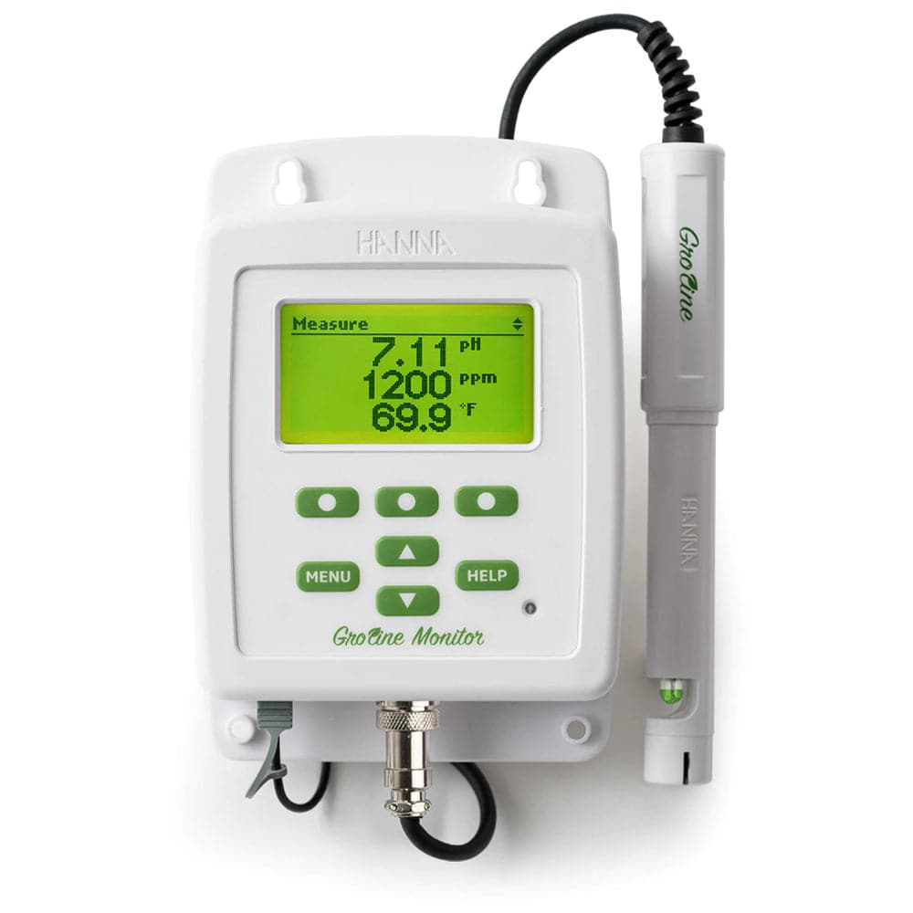 A TAS GroLine Monitor for Hydroponic Nutrients water meter with a digital display for measuring pH and conductivity in hydroponic nutrient solutions.