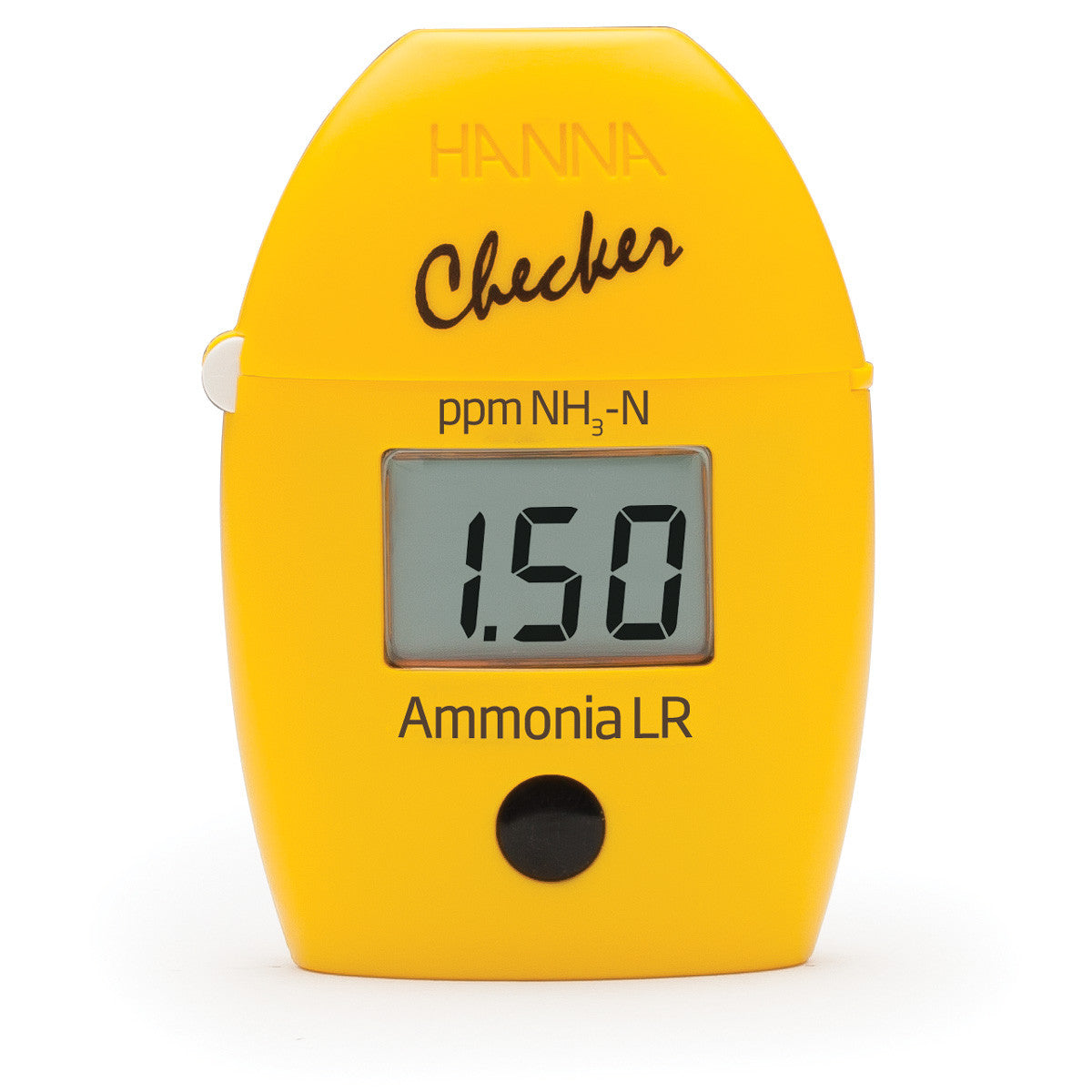 A yellow digital device labeled "TAS Ammonia Low Range Checker HC" displays "1.50" on the screen, perfect for freshwater ammonia testing and water quality monitoring.