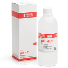 A bottle of Hanna pH 4.01 Calibration Buffer Solution (500 mL), a TAS pH calibration buffer solution, in front of a box.