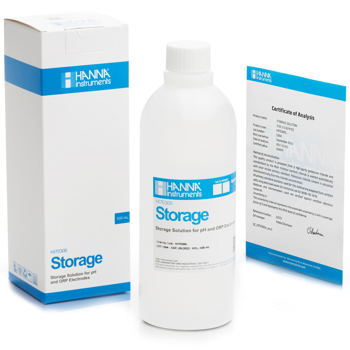 A box next to a bottle of TAS Hanna pH Electrode Storage Solution (500 mL).