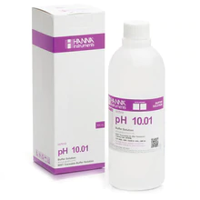 A bottle of Hanna pH 10.01 Calibration Solution (500 mL) in front of a box.