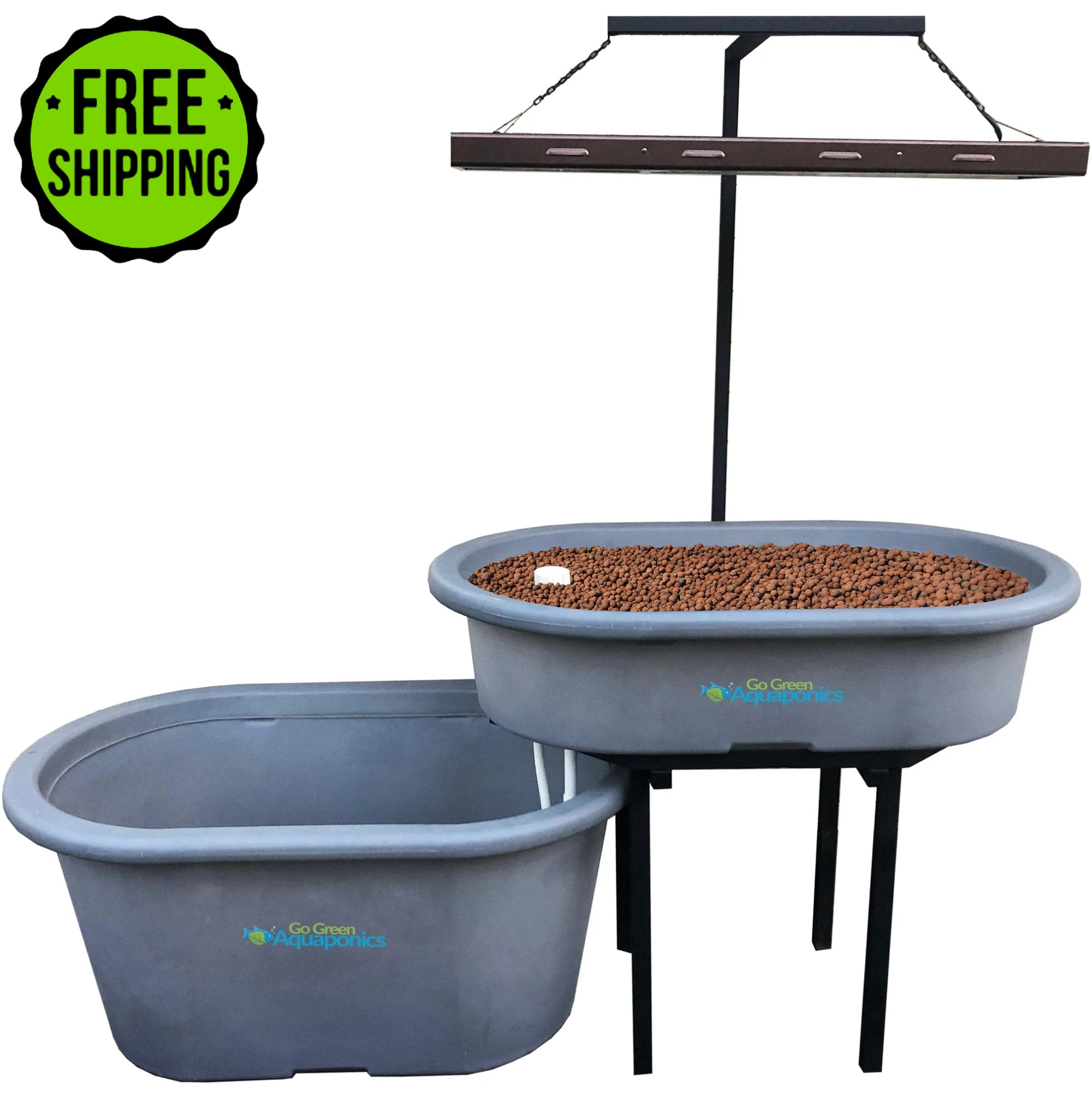 A Go Green Aquaponics System with a free shipping sign on it.