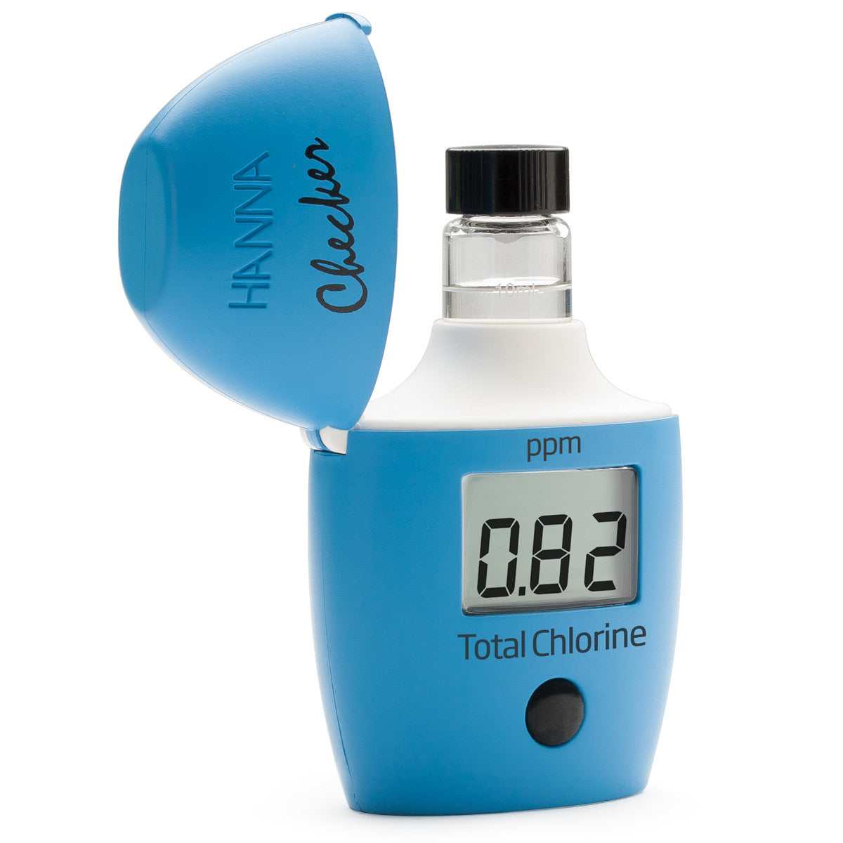 Blue TAS Total Chlorine Checker HC displaying &quot;0.82,&quot; with an open lid revealing a clear test vial inside—perfect for ensuring pristine water in pools and spas.