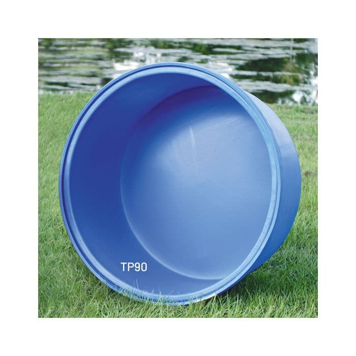 A Pentair Polyethylene Tank 90 - 250 Gallons sitting on the grass next to a pond.